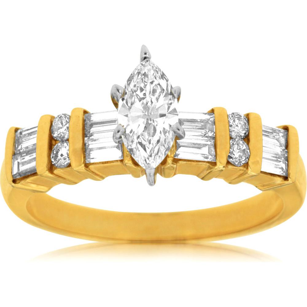 Royal 14K Yellow Gold Marquise Diamond Engagement Ring - 0.42 Carat Baguette Diamonds