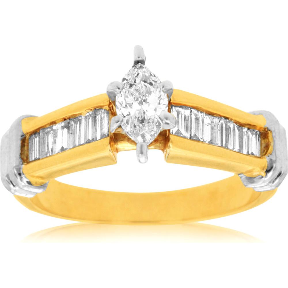 Royal 14K Yellow Gold Marquise Diamond Engagement Ring - 0.42 Carat Center Stone, 0.38 Carat Baguette Diamonds
