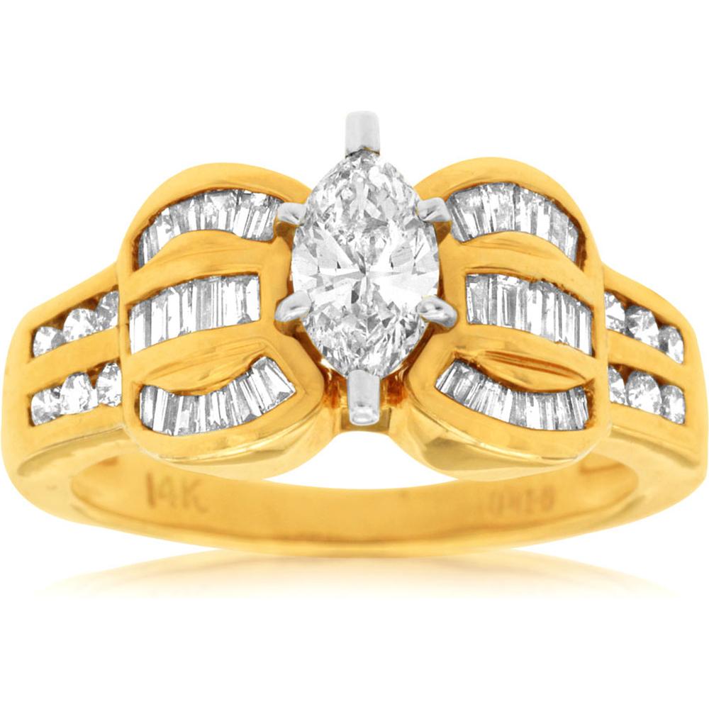 Royal 14K Yellow Gold Marquise Diamond Engagement Ring - 1.30 Carat Total Diamond Weight