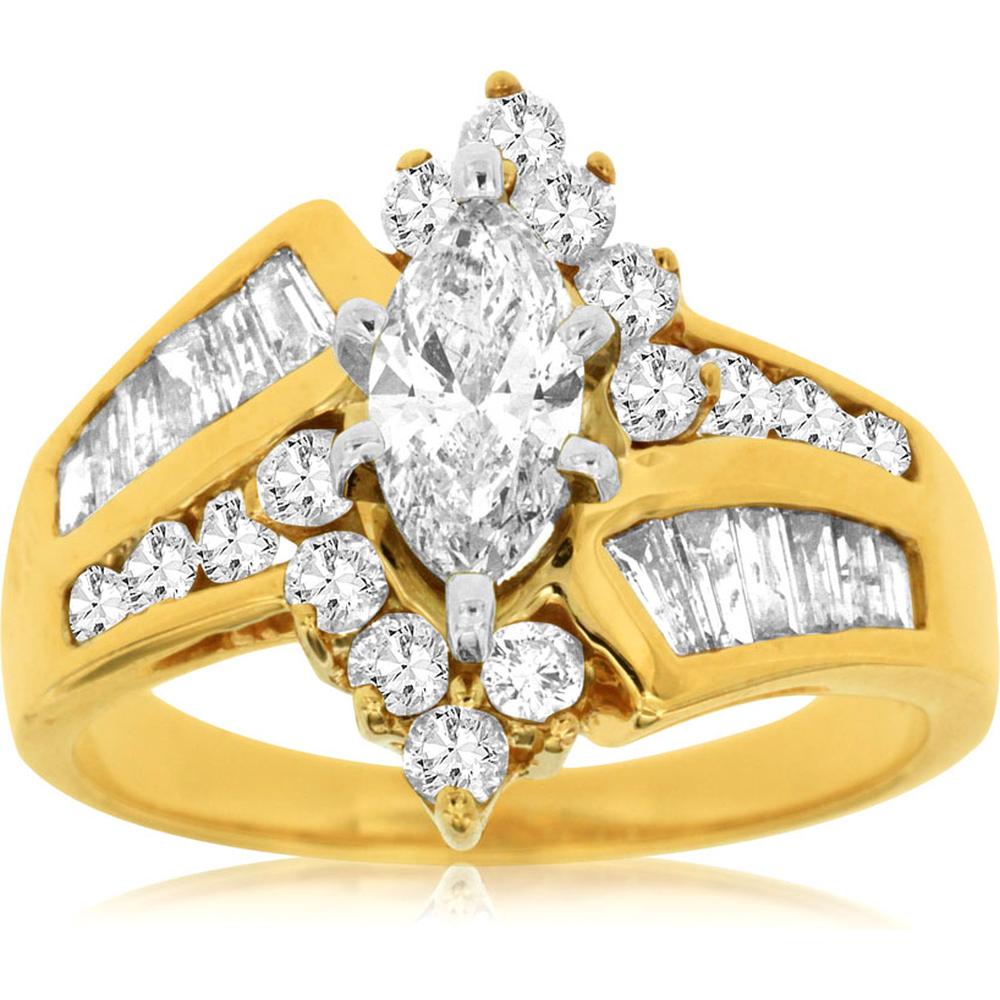 Royal 14K Yellow Gold Marquise Diamond Engagement Ring - 1.55 Carat Total Diamond Weight
