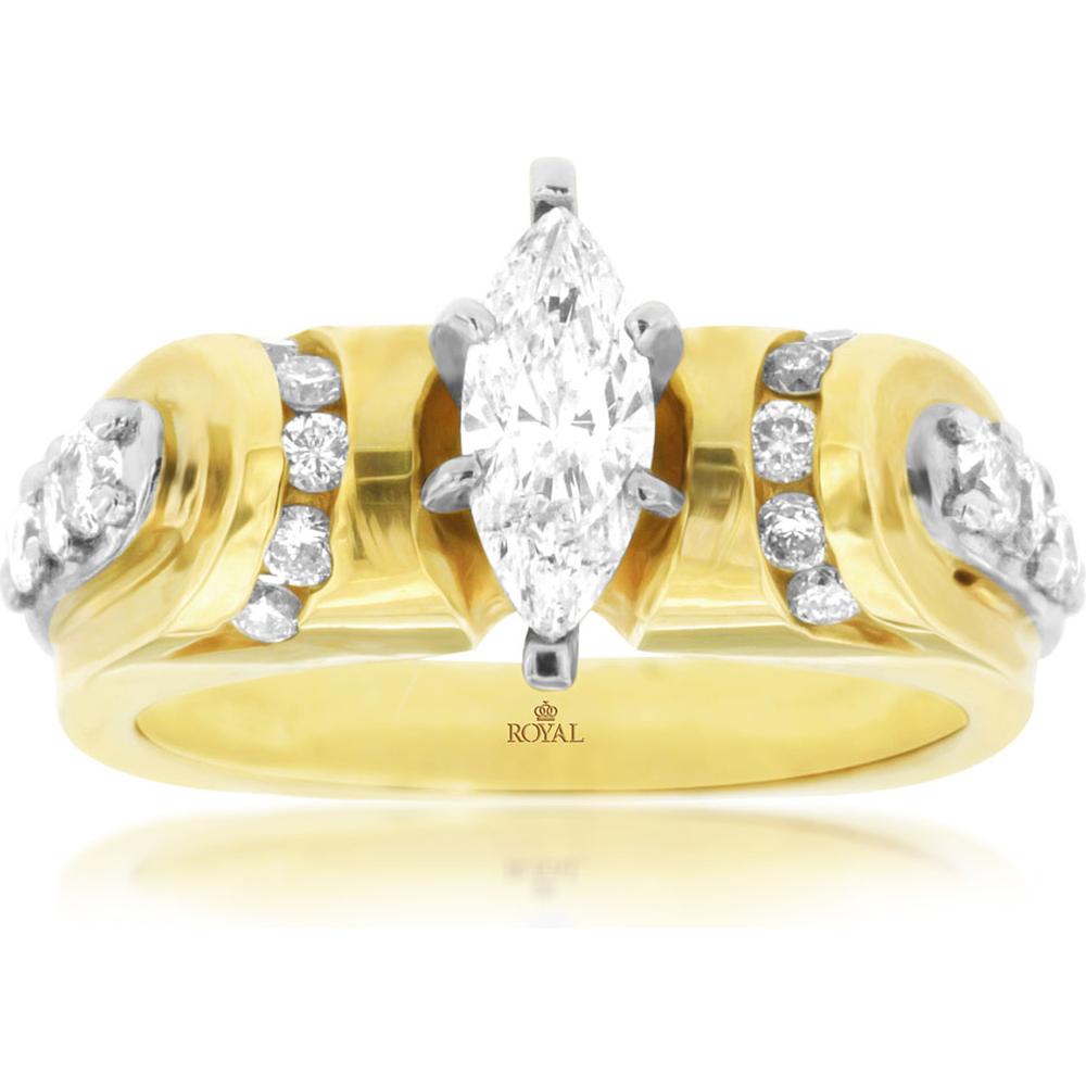 Royal 14K Yellow Gold Marquise Diamond Halo Engagement Ring - 1.09 Carat Total Diamond Weight