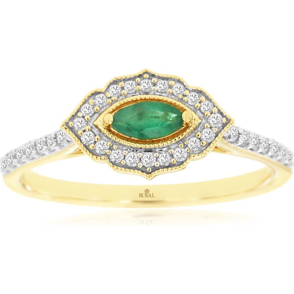 Royal 14K Yellow Gold Marquise Emerald and Diamond Halo Ring with Milgrain Detail – 0.34 Carats Total Gemstone Weight