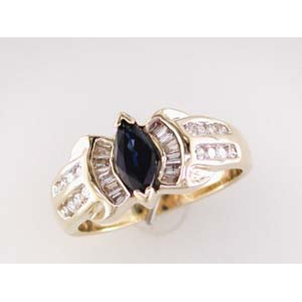Royal 14K Yellow Gold Marquise Sapphire and Baguette Diamond Ring - 0.55 Carat Sapphire, 20B+30 PT Diamond Weight