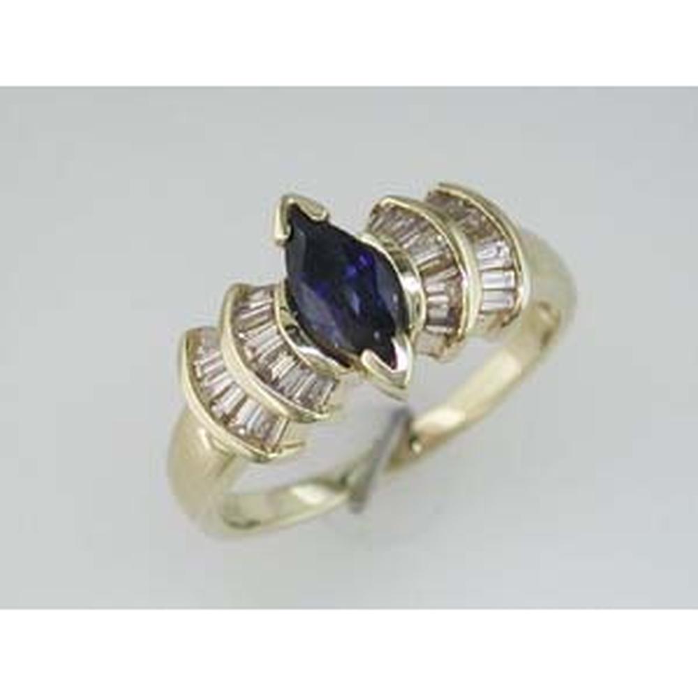 Royal 14K Yellow Gold Marquise Sapphire and Baguette Diamond Ring - 1.00 Carat Total Gem Weight
