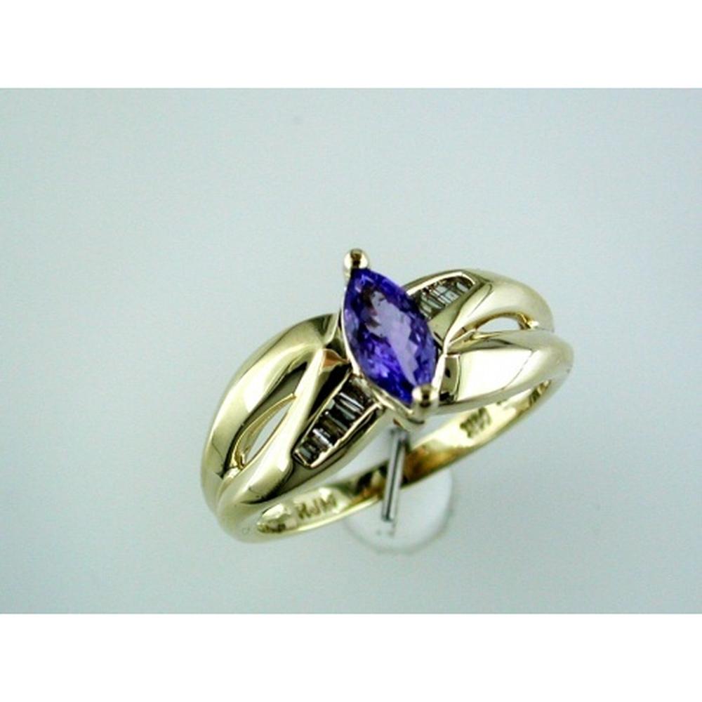 Royal 14K Yellow Gold Marquise Tanzanite and Baguette Diamond Ring - 0.50 Carat Tanzanite, 0.20 Carat Diamond