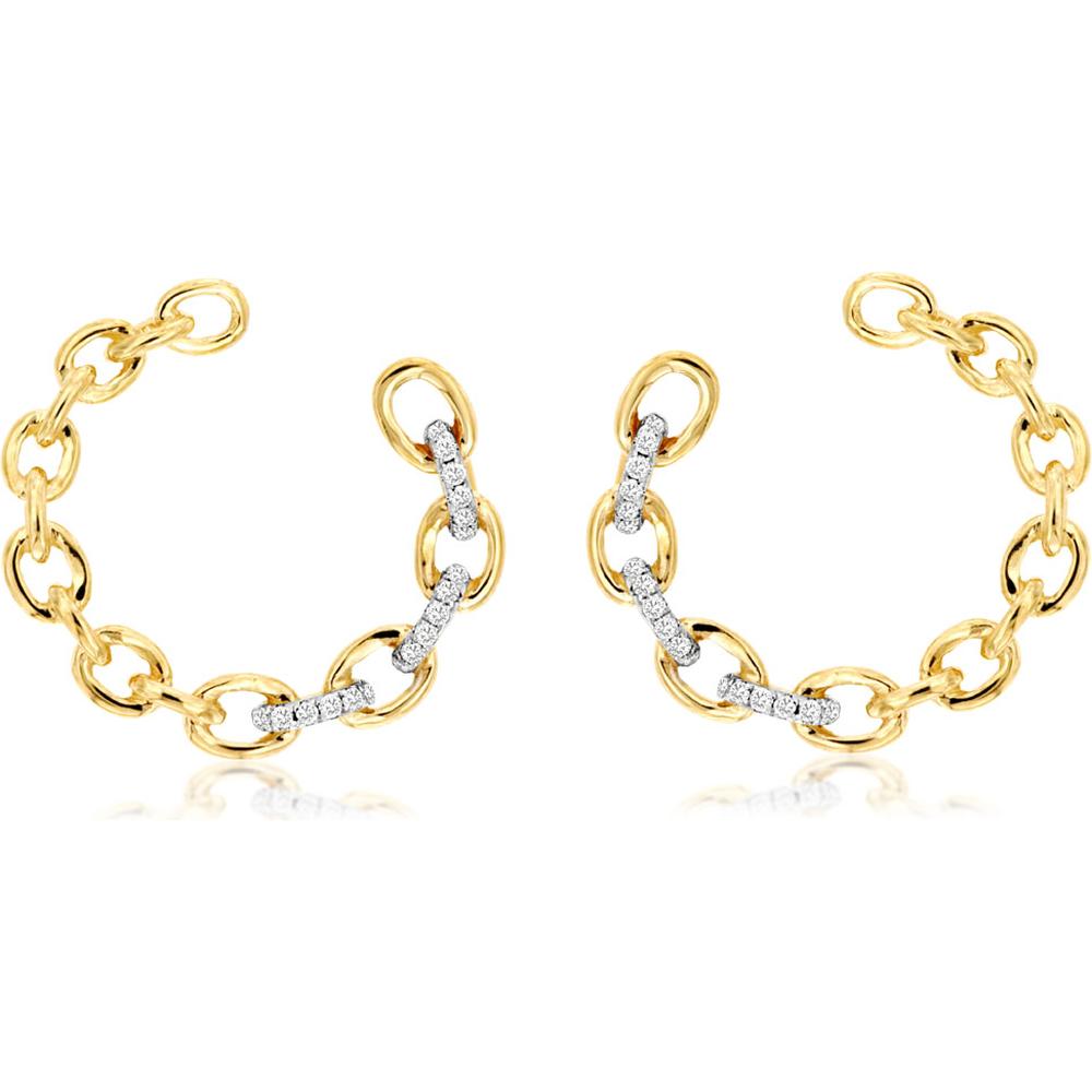 Royal 14K Yellow Gold Medium Hoop Earrings with Cable Link Design and 0.10 Carat Total Diamond Weight
