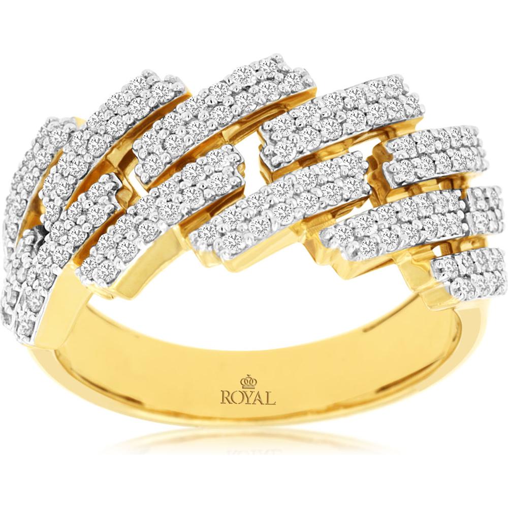 Royal 14K Yellow Gold Men's Diamond Band Ring with Geometric Design - 1 Carat Total Diamond Weight