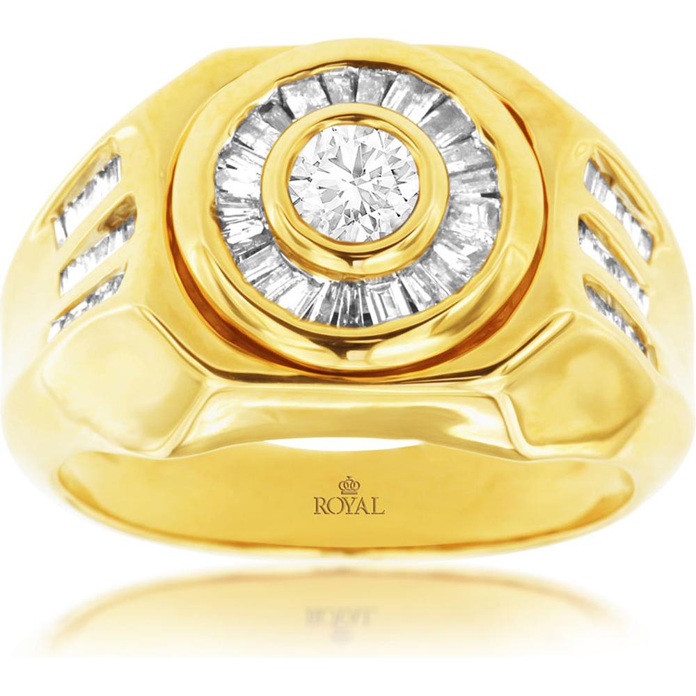 Royal 14K Yellow Gold Men's Diamond Ring - Baguette and Round Cut - 1.19 Carat Total Diamond Weight