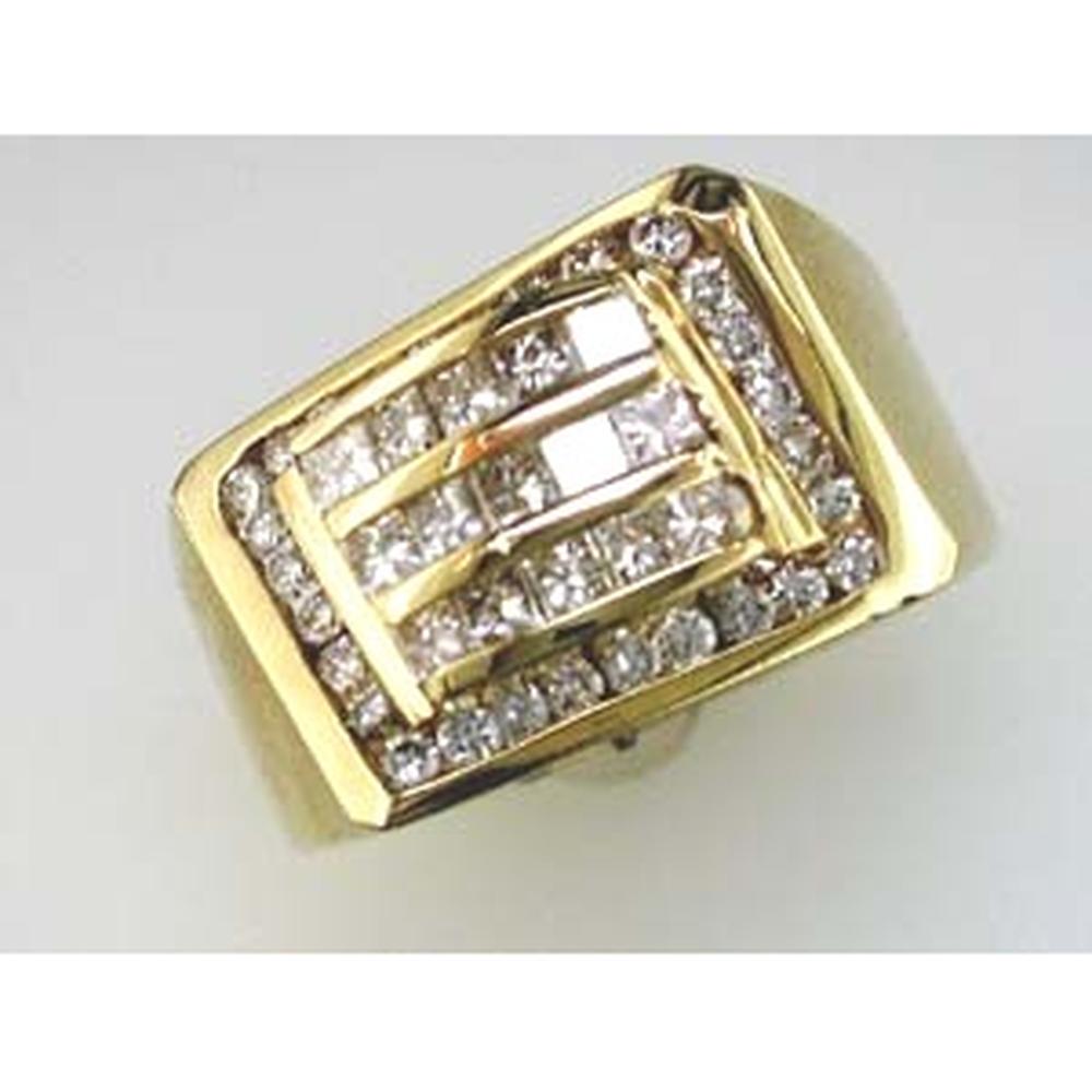 Royal 14K Yellow Gold Men's Diamond Ring with Baguette, Round, and Princess Cut Diamonds - 1.35 Carats Total Diamond Weight