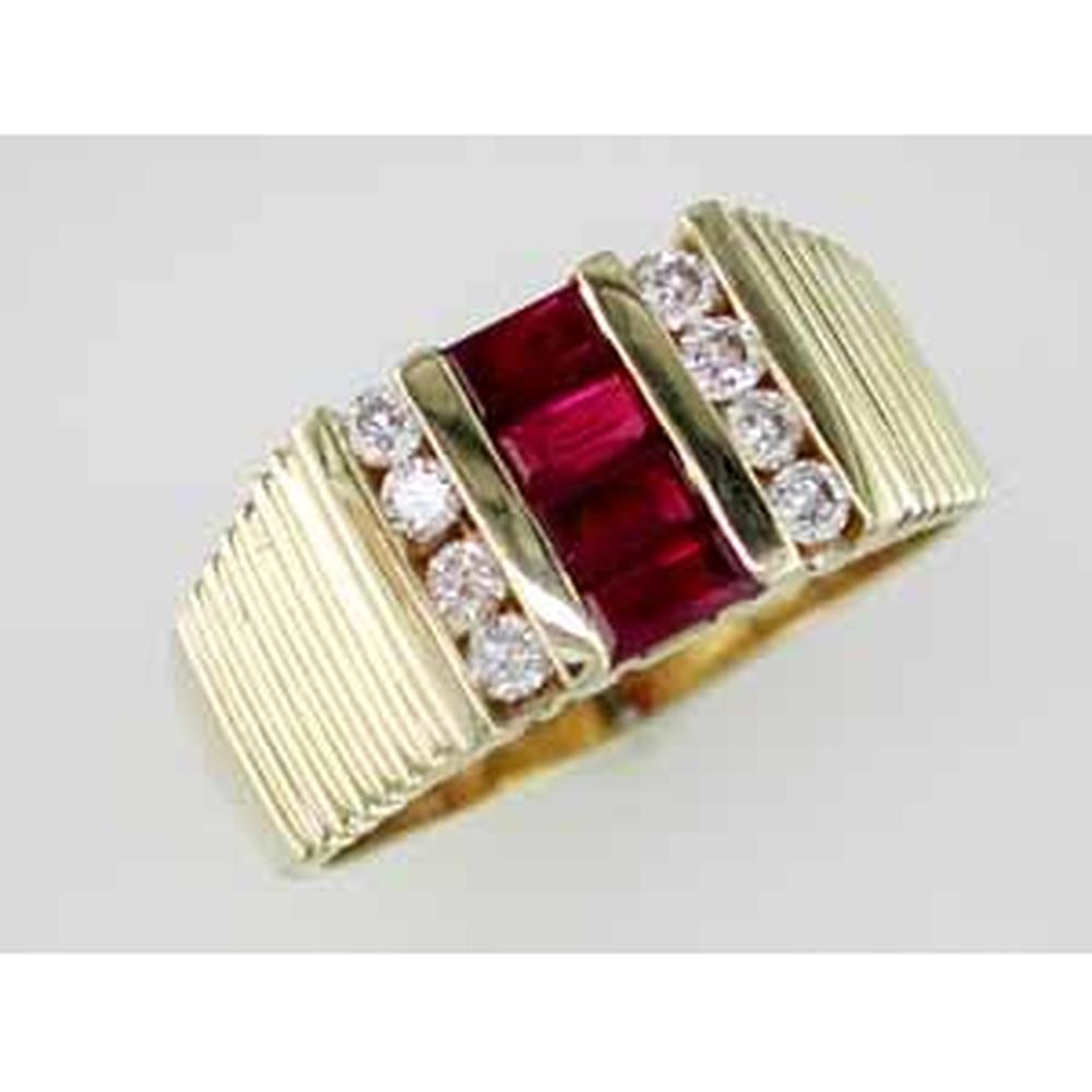 Royal 14K Yellow Gold Men's Ring with Baguette Rubies and Round Diamonds - 1.19 Carat Total Gem Weight