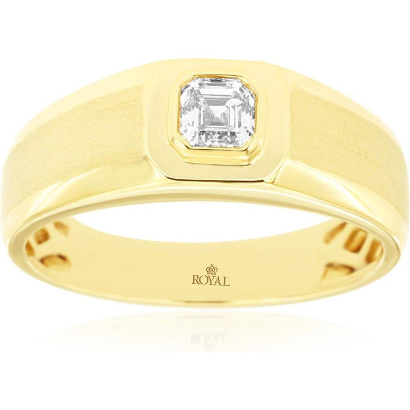 Royal 14K Yellow Gold Men's Ring with Bezel Set Emerald-Cut 0.43 Carat Diamond