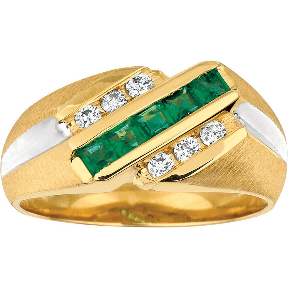 Royal 14K Yellow Gold Men's Ring with Princess Cut Emeralds and Round Diamonds - 0.94 Carats Total Gem Weight