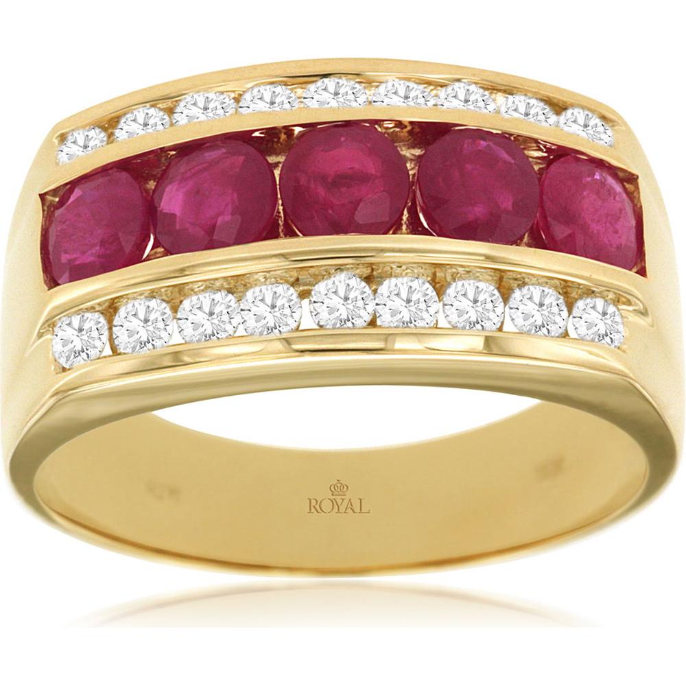Royal 14K Yellow Gold Men's Ruby & Diamond Ring - 1.50 Carats Ruby, 0.66 Carats Diamond Total Weight