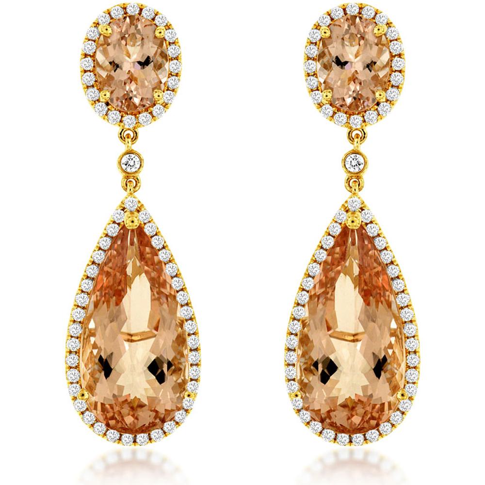 Royal 14K Yellow Gold Morganite and Diamond Drop Earrings - 12.60 Carats Morganite, 0.75 Carats Diamond Total Weight