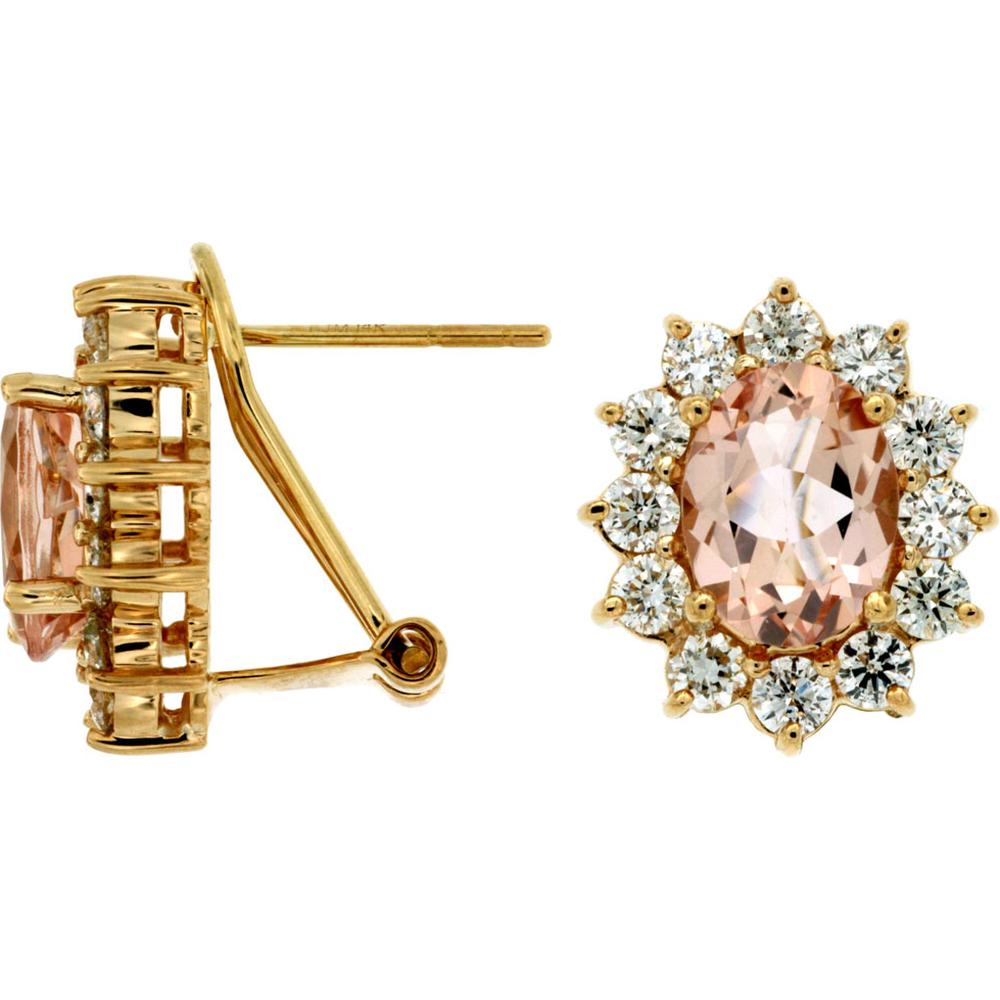 Royal 14K Yellow Gold Morganite & Diamond Halo Earrings - 3.25 Carats Morganite, 1.70 Carats Total Diamond Weight