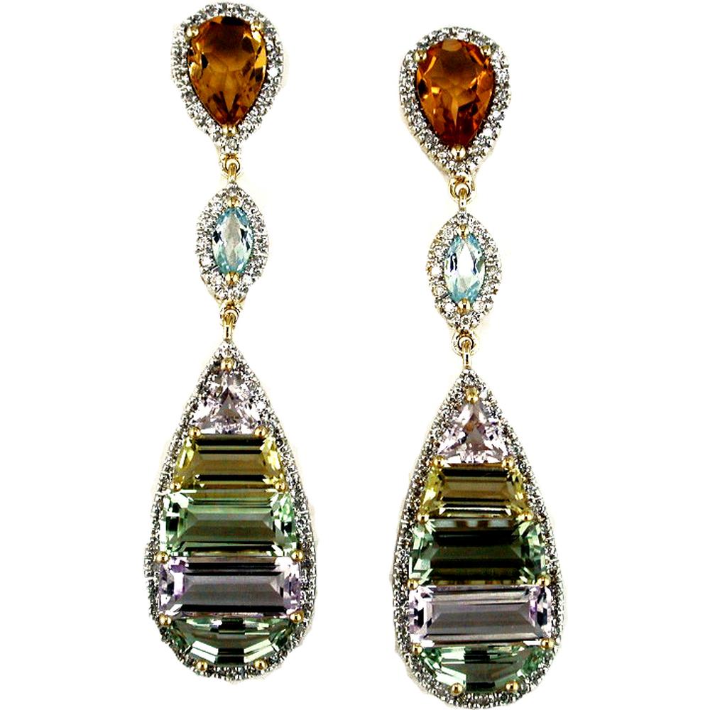 Royal 14K Yellow Gold Multi-Colored Gemstone Cluster Earrings - 0.52 Carat Diamonds