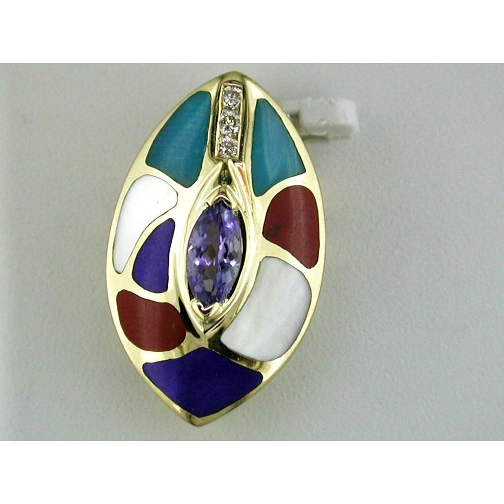 Royal 14K Yellow Gold Multicolor Marquise Opal and Diamond Pendant