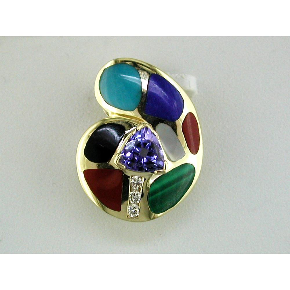 Royal 14K Yellow Gold Multicolor Tanzanite and Diamond Pendant - Opal & Enamel Accent