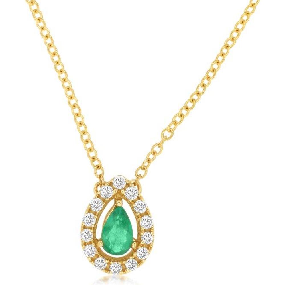 Royal 14K Yellow Gold Necklace with 0.20 Carat Pear-Shaped Emerald and 0.14 Carat Diamond Halo