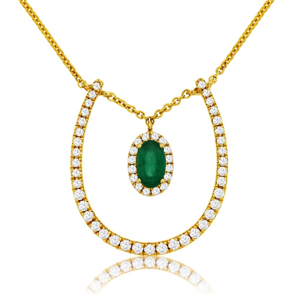 Royal 14K Yellow Gold Necklace with Oval Emerald and Diamond Halo - 0.46 Carat Total Gem Weight