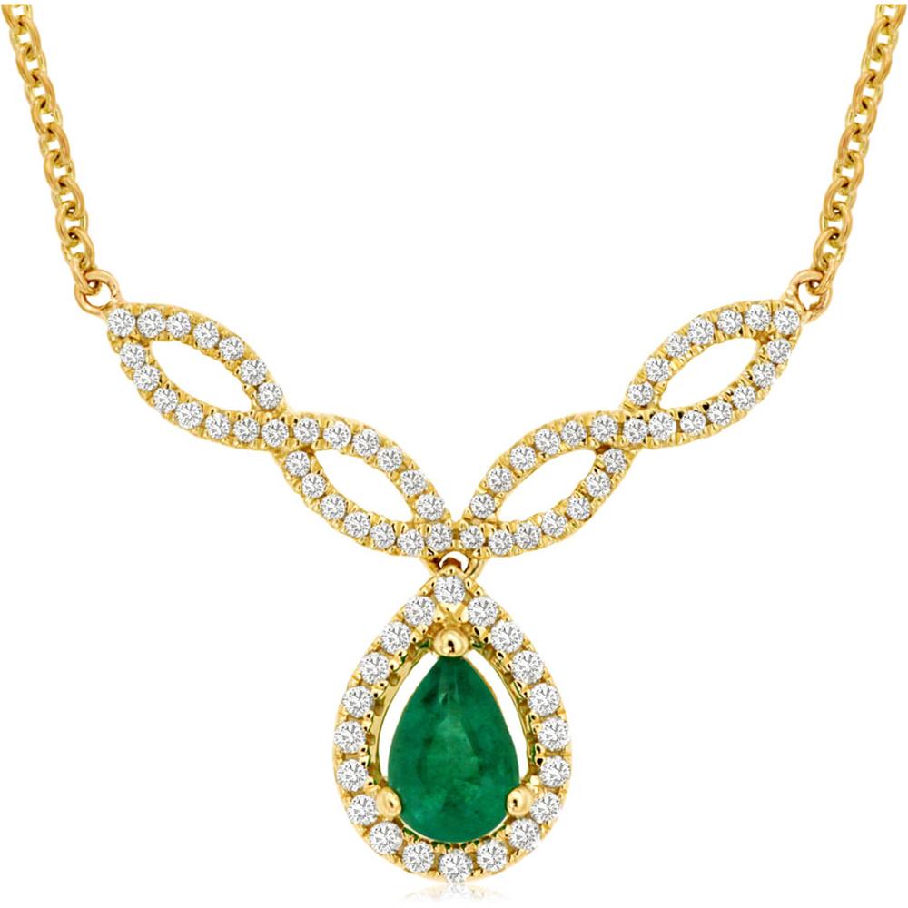 Royal 14K Yellow Gold Necklace with Pear-Shaped Emerald and Diamond Halo - 0.38 Carat Emerald and 0.25 Carat Diamond Total Weight