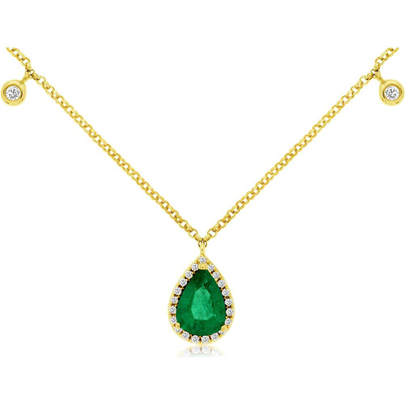 Royal 14K Yellow Gold Necklace with Pear-Shaped Emerald and Diamond Halo - 0.80 Carat Total Gem Weight