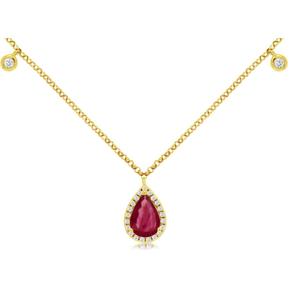 Royal 14K Yellow Gold Necklace with Pear-Shaped Ruby and Pave Set Round Diamonds - 0.87 Carat Total Gem Weight