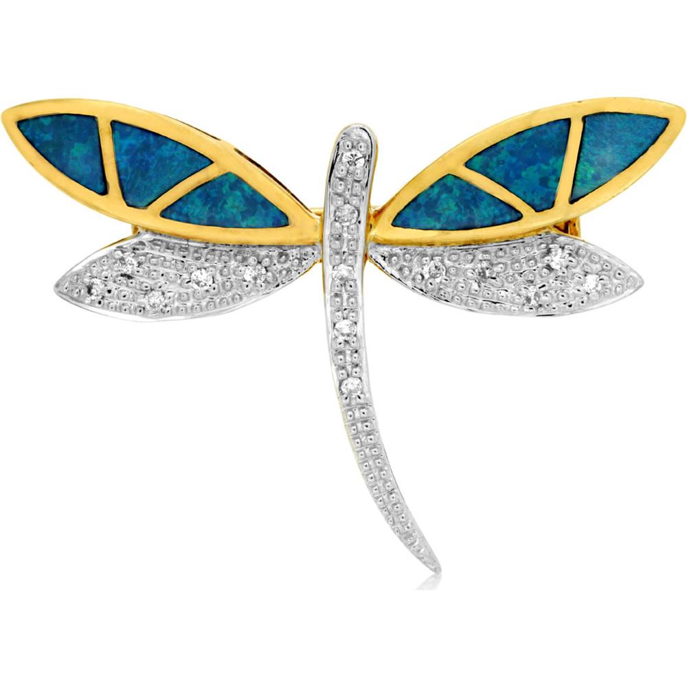 Royal 14K Yellow Gold Opal & Diamond Dragonfly Pin - Whimsical Elegance