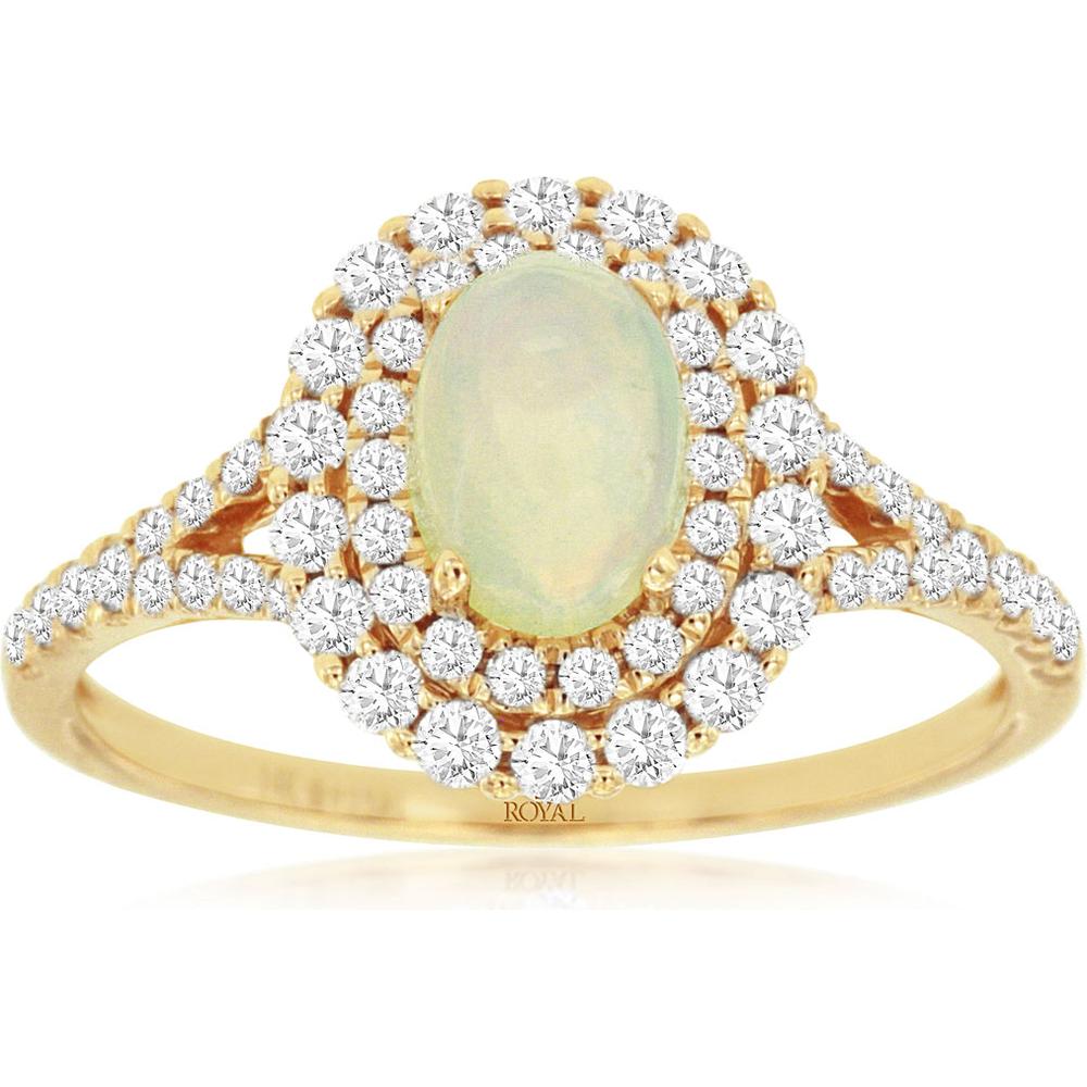 Royal 14K Yellow Gold Opal and Diamond Halo Ring - 1.00 Carat Total Gem Weight