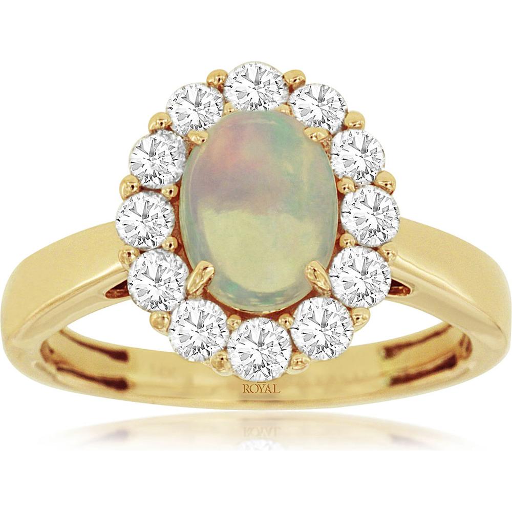 Royal 14K Yellow Gold Opal and Diamond Halo Ring with 0.90 Carat Opal and 0.75 Carat Total Diamond Weight