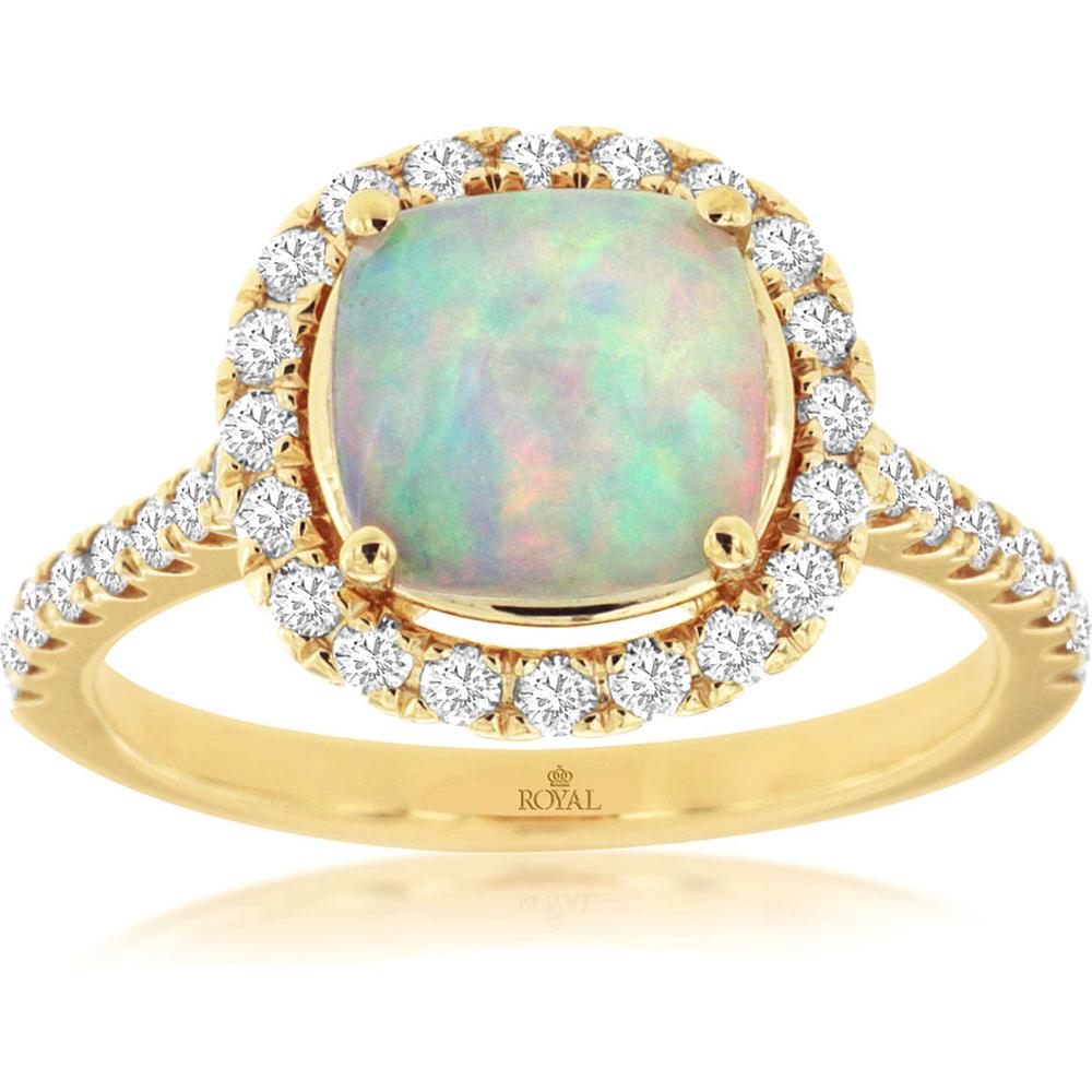 Royal 14K Yellow Gold Opal & Diamond Halo Ring with 1.40 Carats Total Diamond Weight and 1.40 Carats Opal