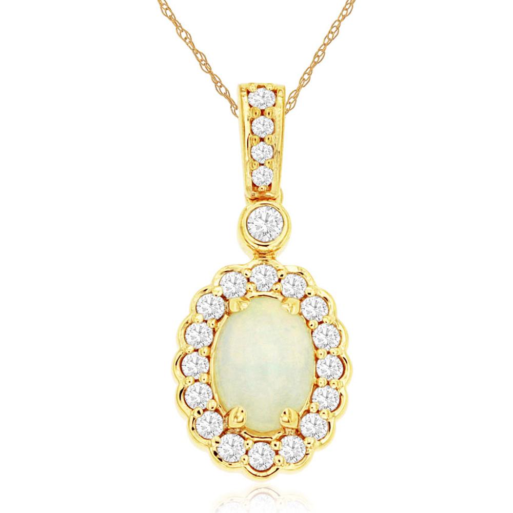 Royal 14K Yellow Gold Opal and Diamond Pendant - 0.50 Carat Opal, 0.25 Carat Diamond Total Weight