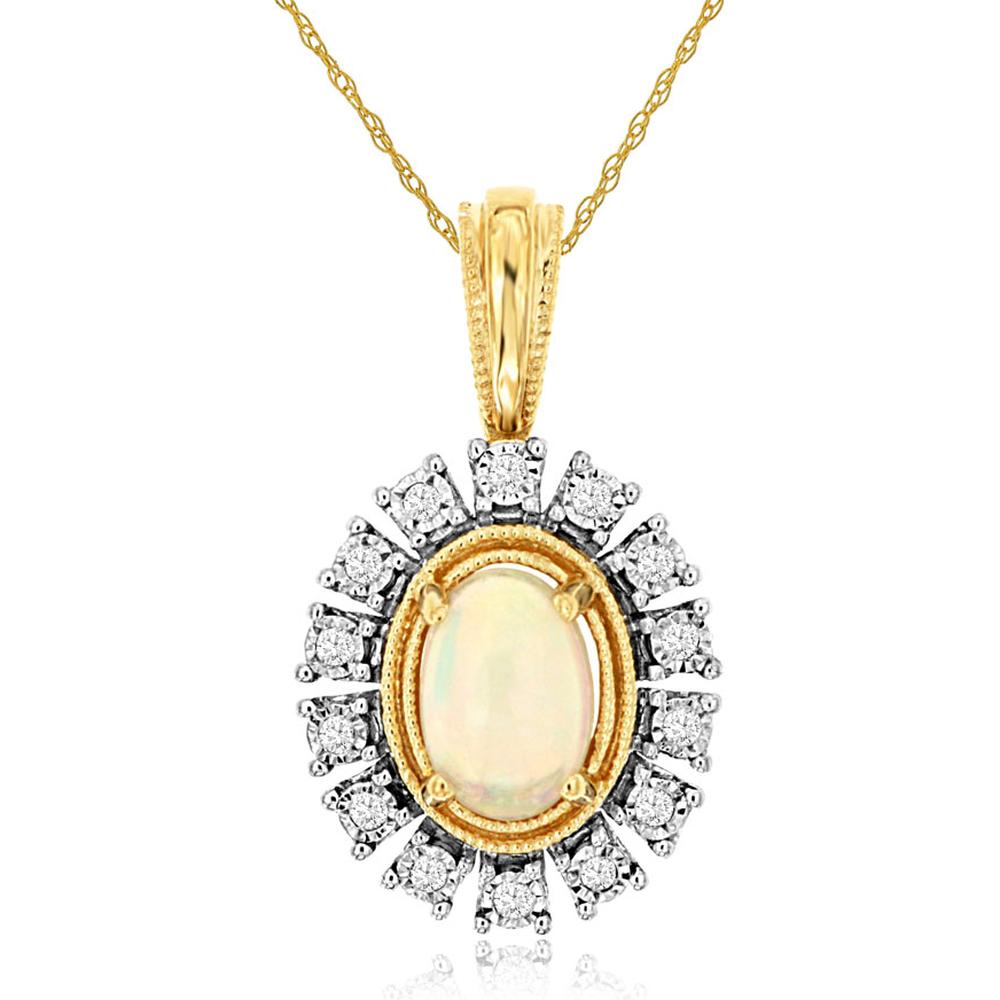 Royal 14K Yellow Gold Opal & Diamond Pendant - 0.50 Carats Opal, 0.07 Carats Diamonds