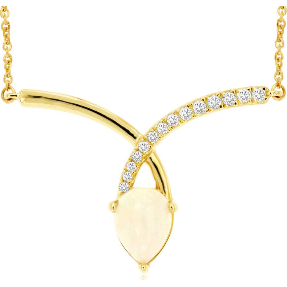 Royal 14K Yellow Gold Opal and Diamond Pendant Necklace with Pear-Shaped Opal and 0.14 Carats Total Diamond Weight