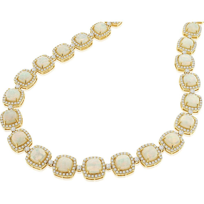 Royal 14K Yellow Gold Opal and Diamond Tennis Necklace with 37.50 Carat Opals and 12.50 Carat Diamonds