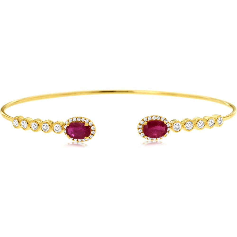 Royal 14K Yellow Gold Open Bangle with Oval Rubies and Diamond Halos - 1.65 Carat Total Gem Weight