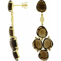 Royal 14K Yellow Gold Oval Earrings with White and Mocha Diamonds and Smoky Quartz - 27.00 Carat Total Gem Weight