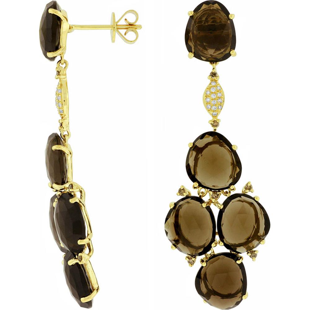 Royal 14K Yellow Gold Oval Earrings with White and Mocha Diamonds and Smoky Quartz - 27.00 Carat Total Gem Weight