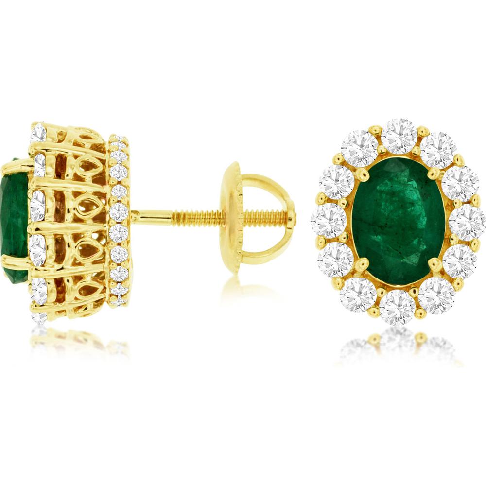 Royal 14K Yellow Gold Oval Emerald and Diamond Halo Earrings - 1.40 Carats Emerald, 1.00 Carats Total Diamond Weight