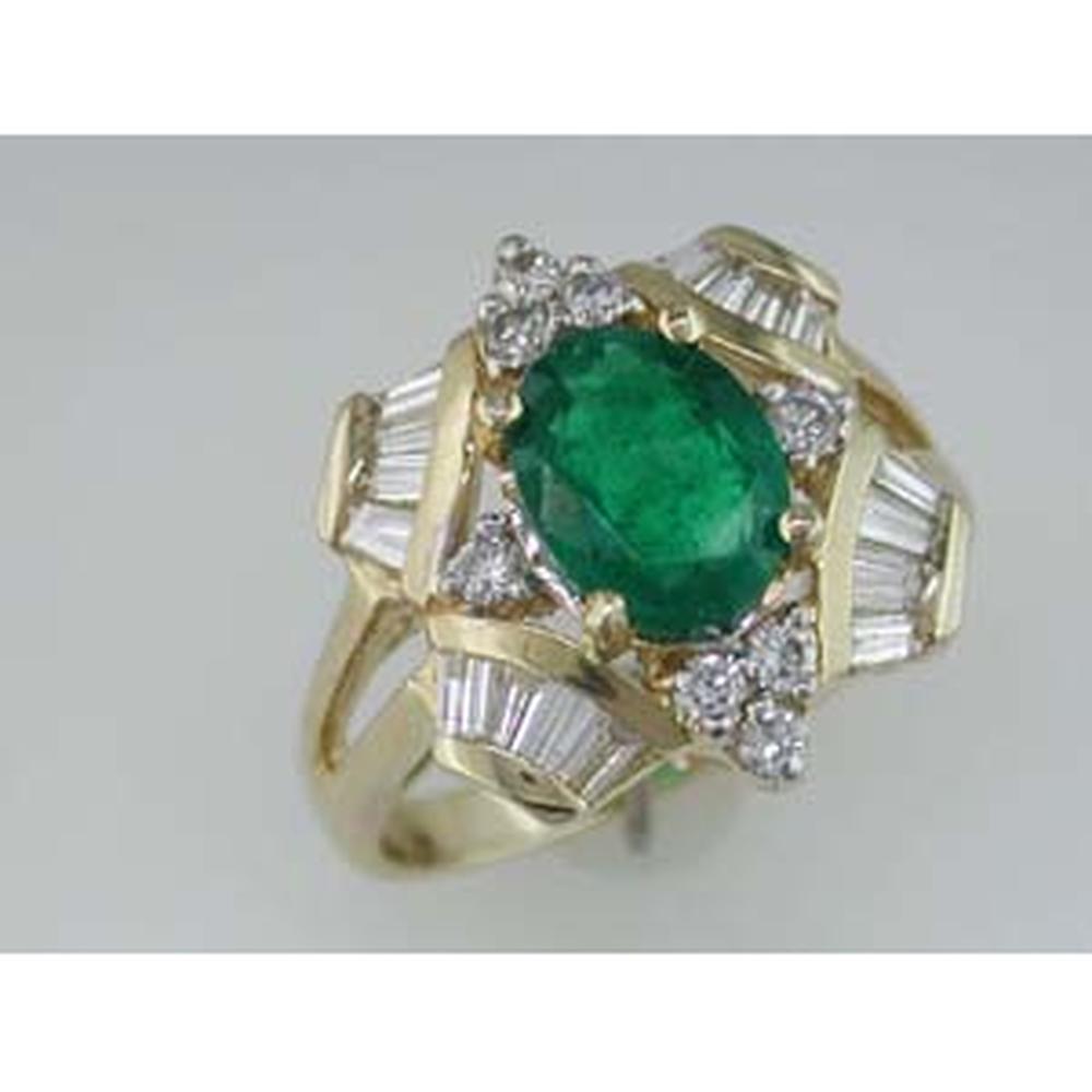 Royal 14K Yellow Gold Oval Emerald and Diamond Halo Ring with 1.75 Carats Emerald and 0.60 Carats Total Diamond Weight