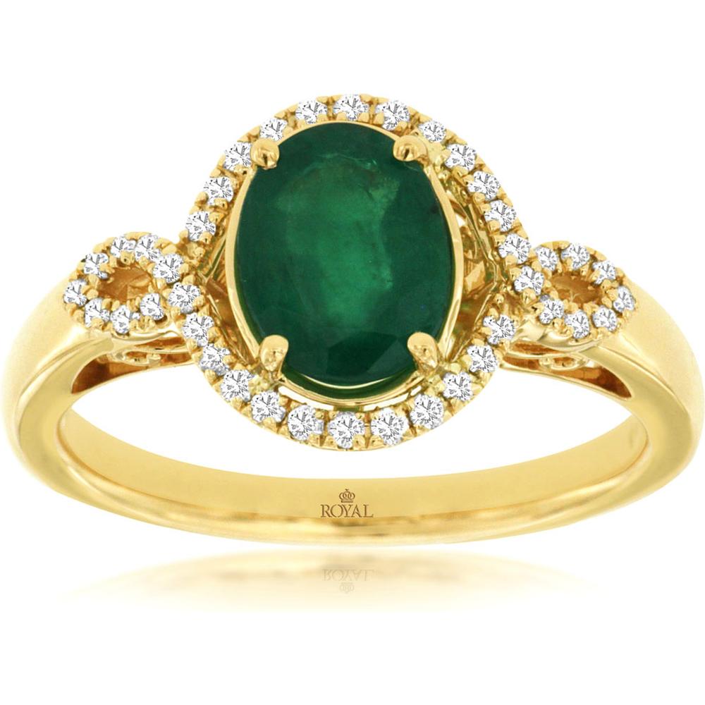 Royal 14K Yellow Gold Oval Emerald & Diamond Ring - 1.10 Carat Emerald, 0.16 Carat Diamond Total Weight