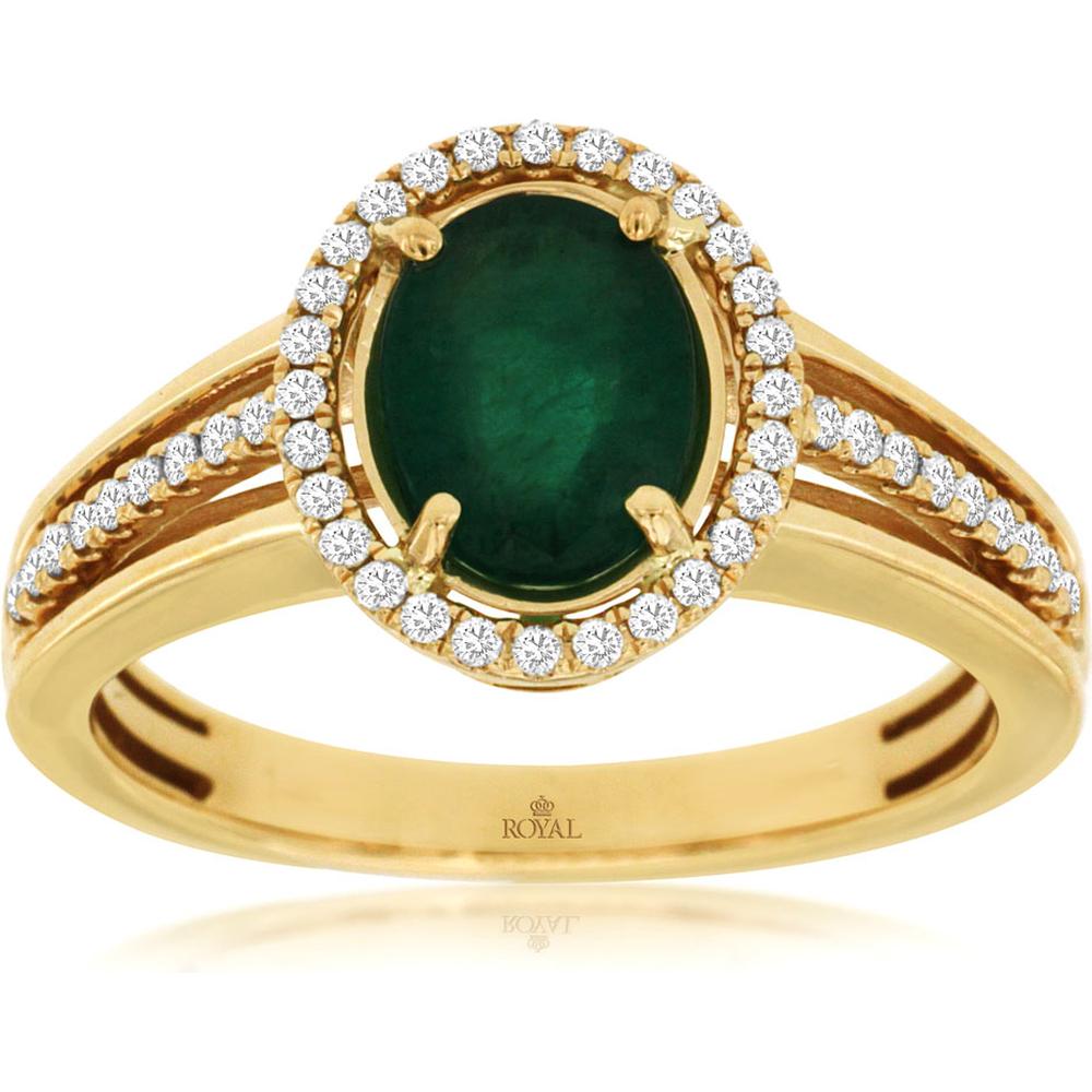 Royal 14K Yellow Gold Oval Emerald & Diamond Ring - 1.10 Carat Emerald, 0.20 Carat Diamond Total Weight