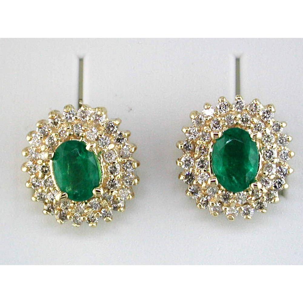 Royal 14K Yellow Gold Oval Emerald and Round Diamond Halo Earrings - 1.60 Carats Total Emerald Weight and 1.14 Carats Total Diamond Weight