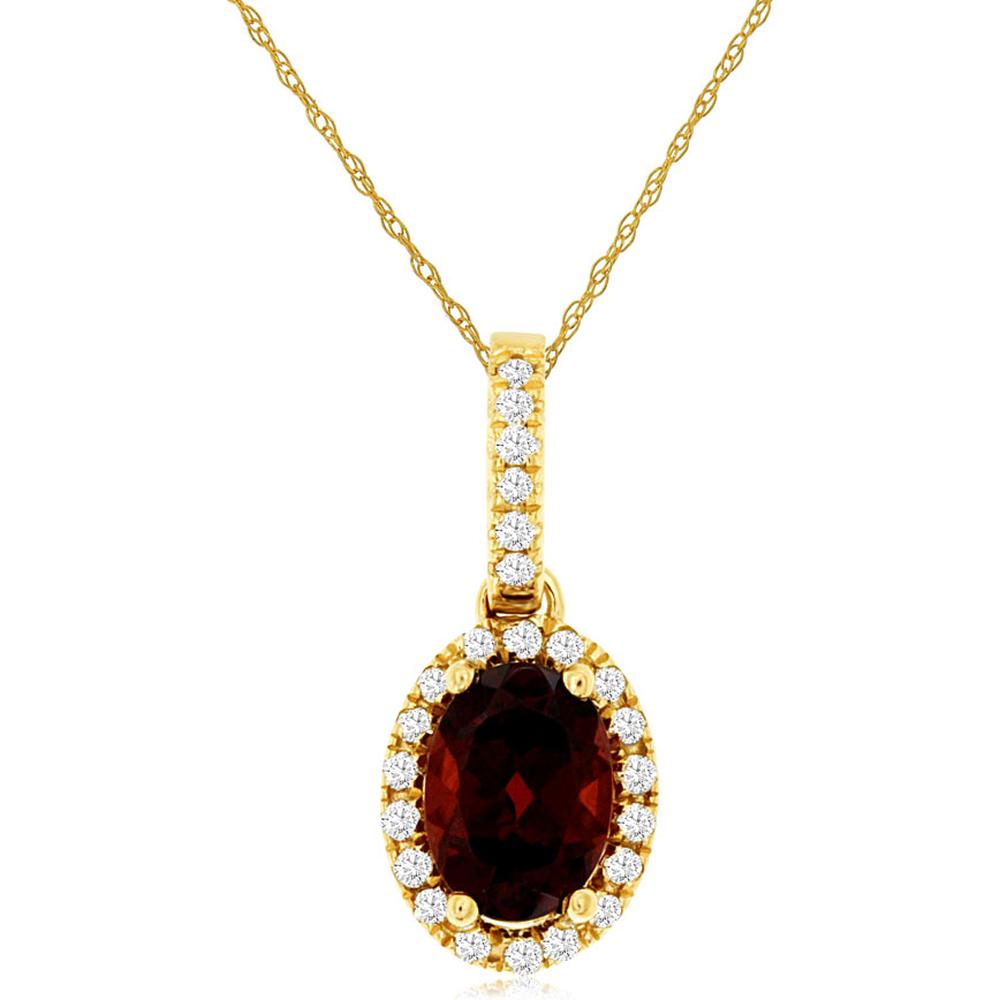 Royal 14K Yellow Gold Oval Garnet and Diamond Halo Pendant Necklace - 0.90 Carat Garnet, 0.12 Carat Diamond