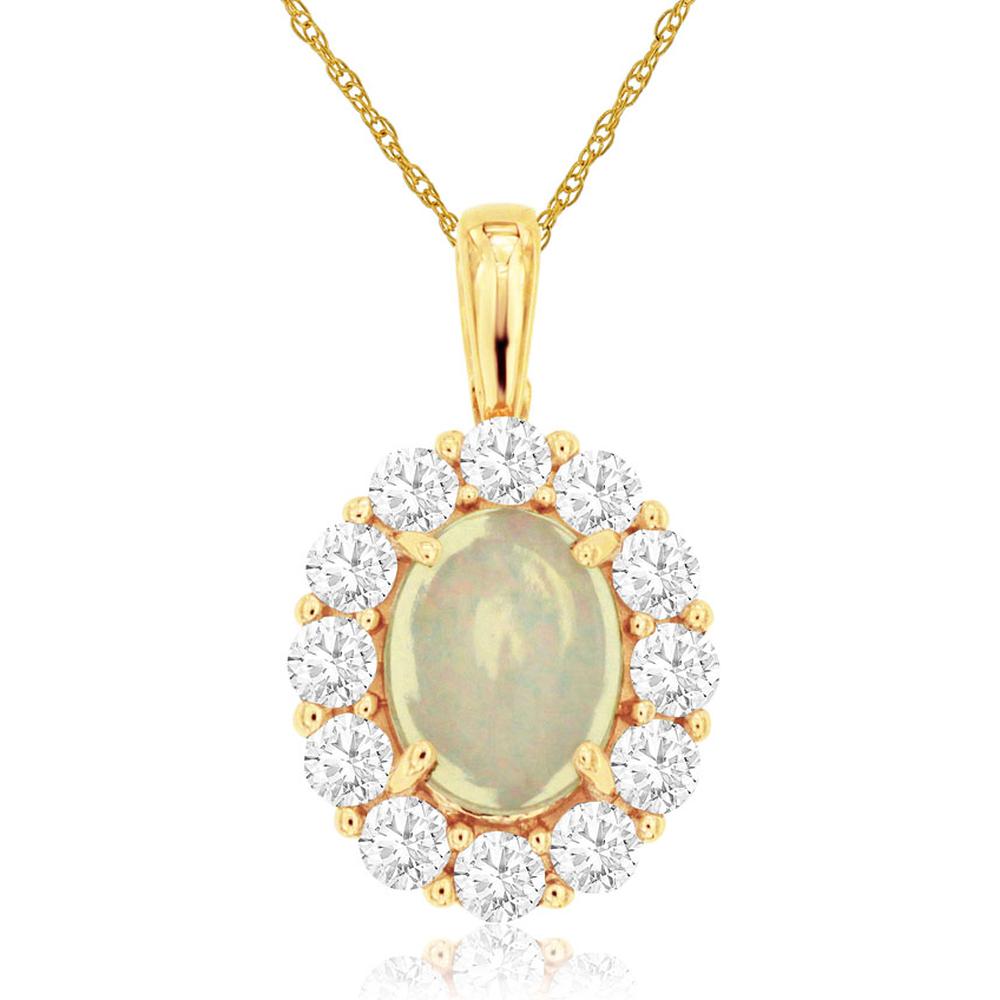 Royal 14K Yellow Gold Oval Opal and Diamond Halo Pendant - 0.90 Carat Opal, 0.75 Carat Total Diamond Weight