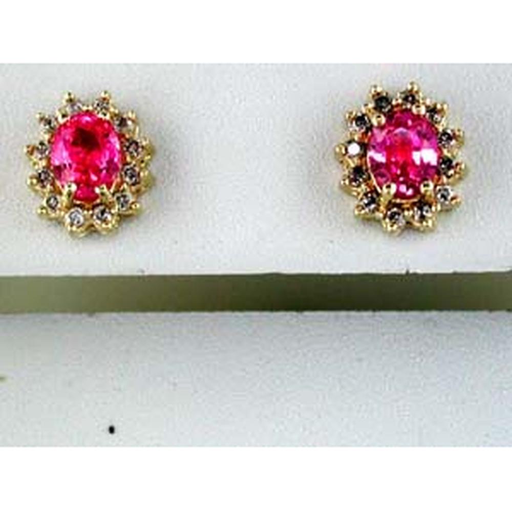 Royal 14K Yellow Gold Oval Pink Sapphire and Diamond Halo Stud Earrings - 1.20 Carat Total Gem Weight