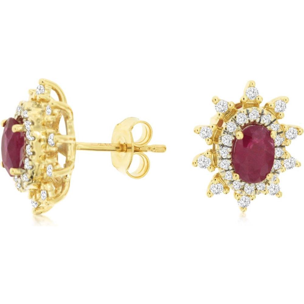 Royal 14K Yellow Gold Oval Ruby and Diamond Halo Stud Earrings - 1.10 Carat Total Ruby Weight, 0.35 Carat Total Diamond Weight
