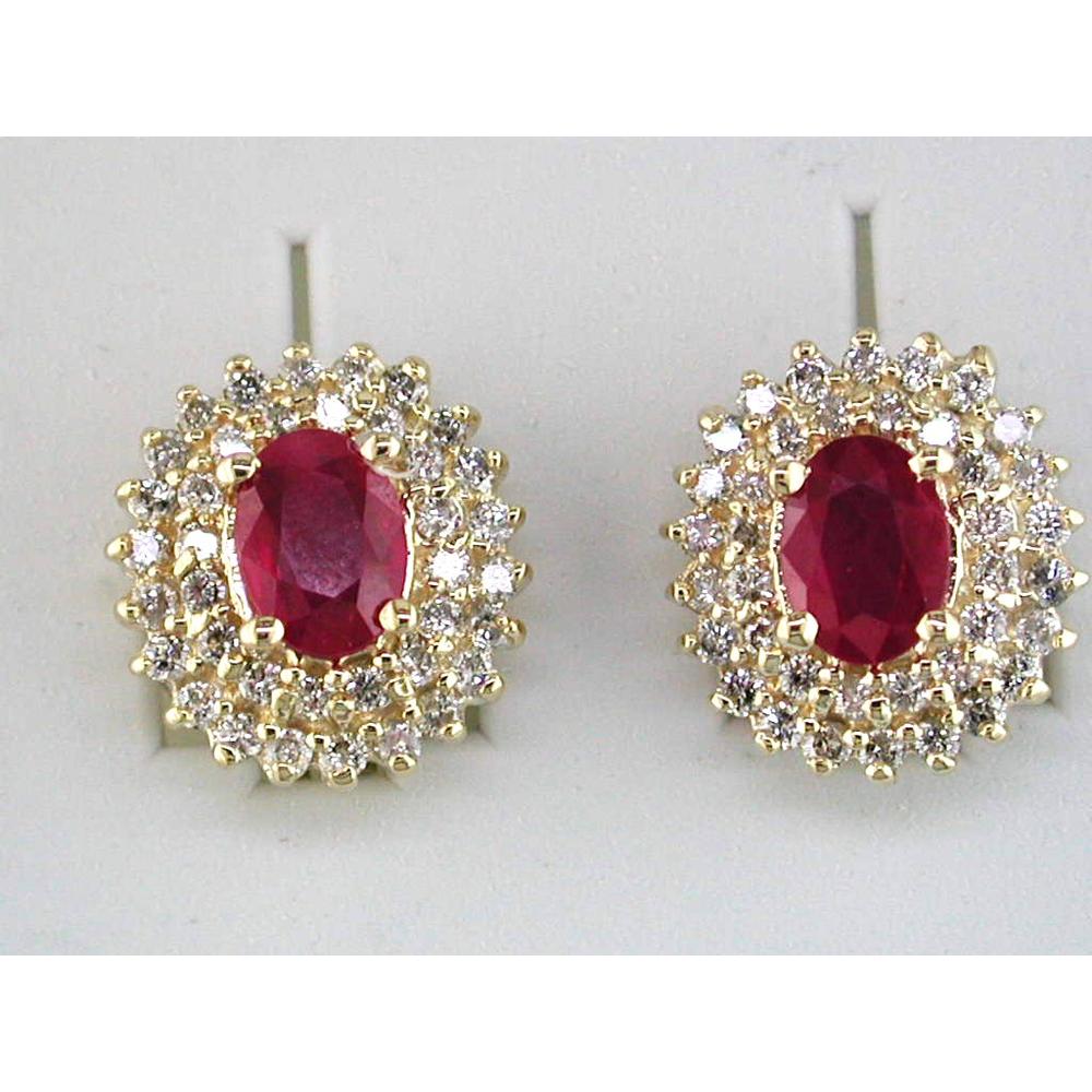 Royal 14K Yellow Gold Oval Ruby and Round Diamond Halo Earrings - 1.80 Carats Total Ruby, 1.14 Carats Total Diamond Weight