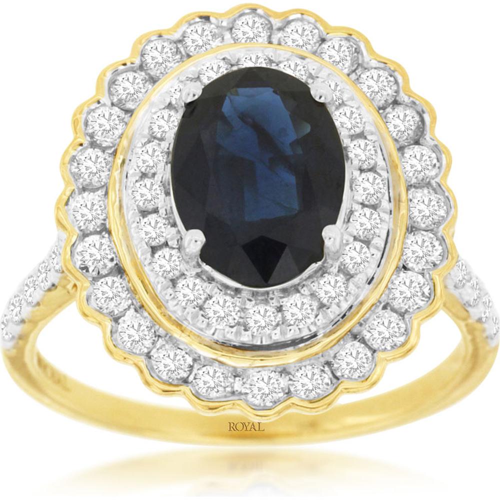 Royal 14K Yellow Gold Oval Sapphire and Diamond Double Halo Ring - 2.94 Carat Total Gem Weight