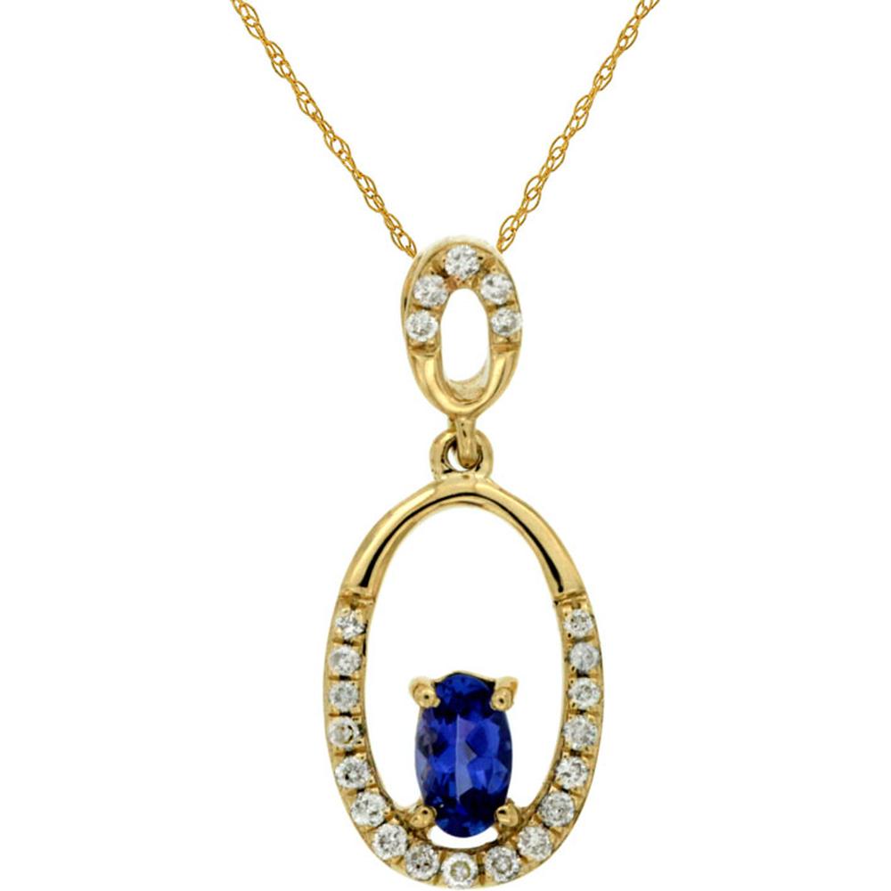 Royal 14K Yellow Gold Oval Tanzanite and Diamond Halo Pendant Necklace - 0.24 Carats Tanzanite & 0.10 Carats Total Diamond Weight